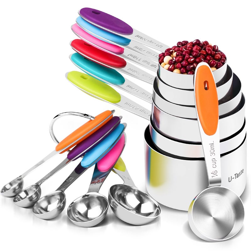 U-Taste 12 Piece Measuring Cups and Spoons Set in 18/8 Stainless Steel : 7 Measuring Cups & 5 Measuring Spoons - Image 1